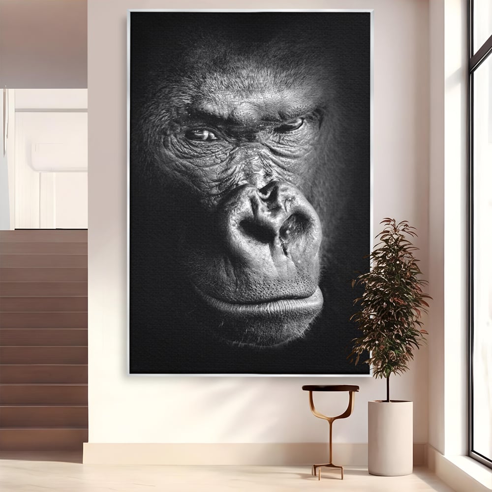 Tablou canvas cu tablou canvas cu portret de gorila, in rama de aluminiu argintiu